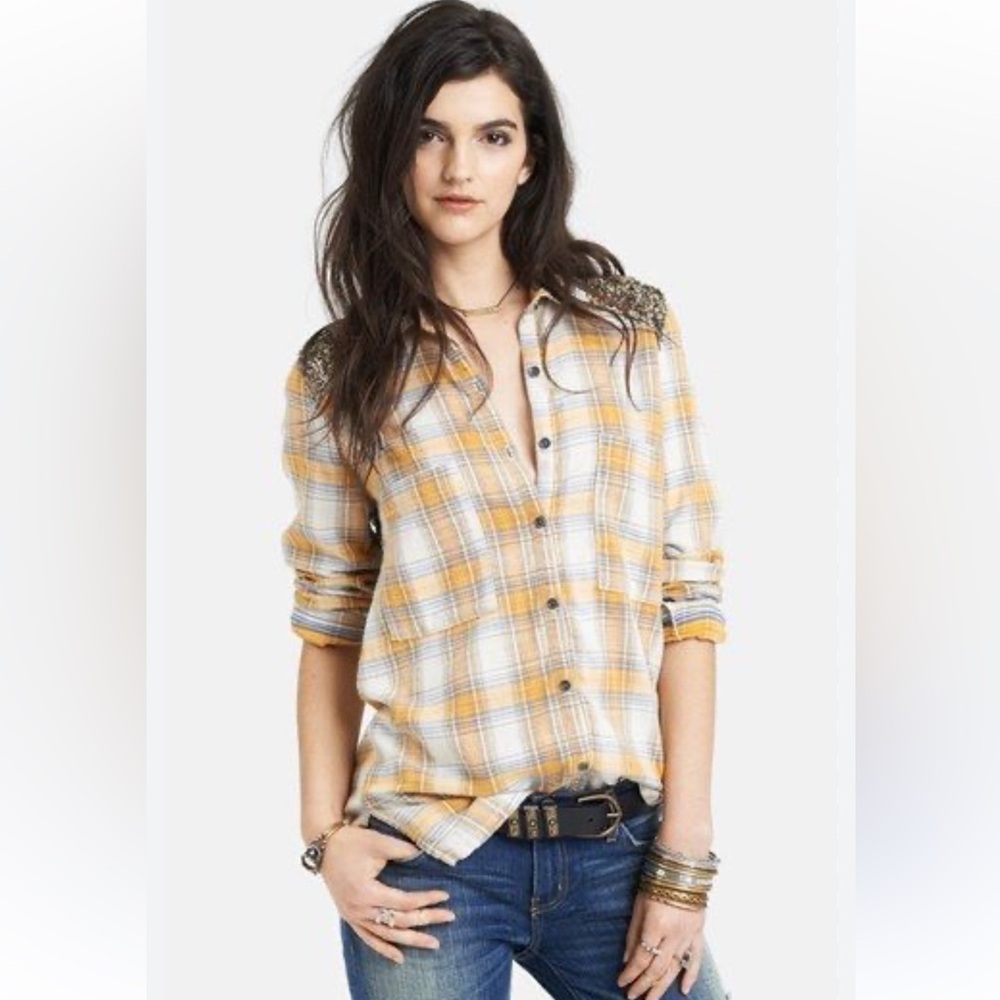 Free People Yellow Plaid Shirt with Embellished Shoulders